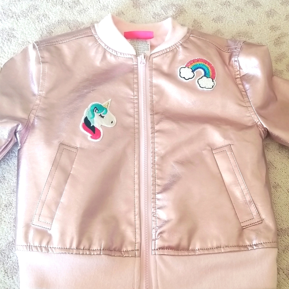 Cute Toddler Unicorn Pink Mettalic Bomber Letterman's Jacket